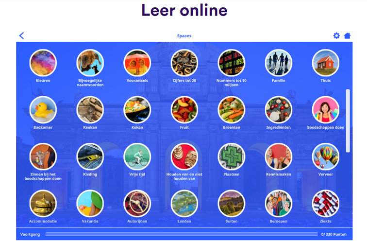 Interface van de spaans leren app. Keuze uit tientallen onderwerpen om Spaans te leren